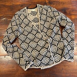 LUCKY BRAND Gold Shimmer Black Tan Patterned One Button Cardigan Sweater S